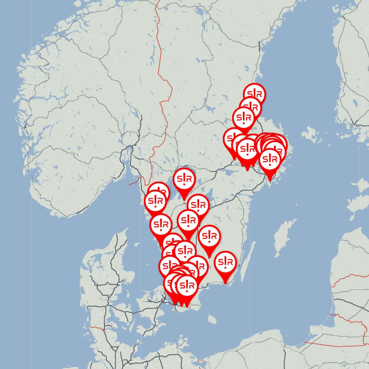 Här finns SlutaRiv - En Sverigekarta med totalt 40 kart-nålar från Gävle i norr till Skurup i söder.